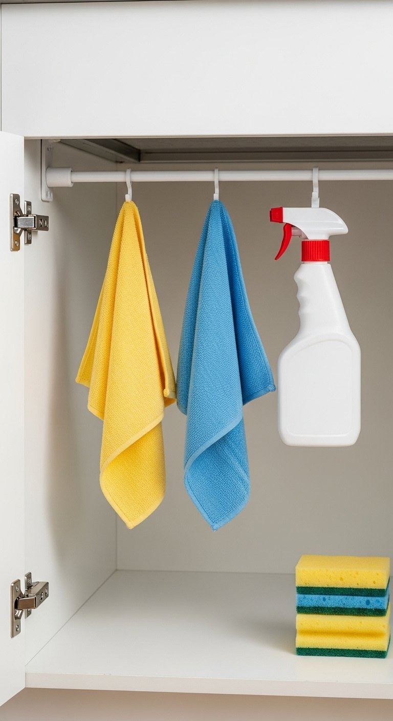 White tension rod with yellow and blue dish cloths and spray bottle under a kitchen sink