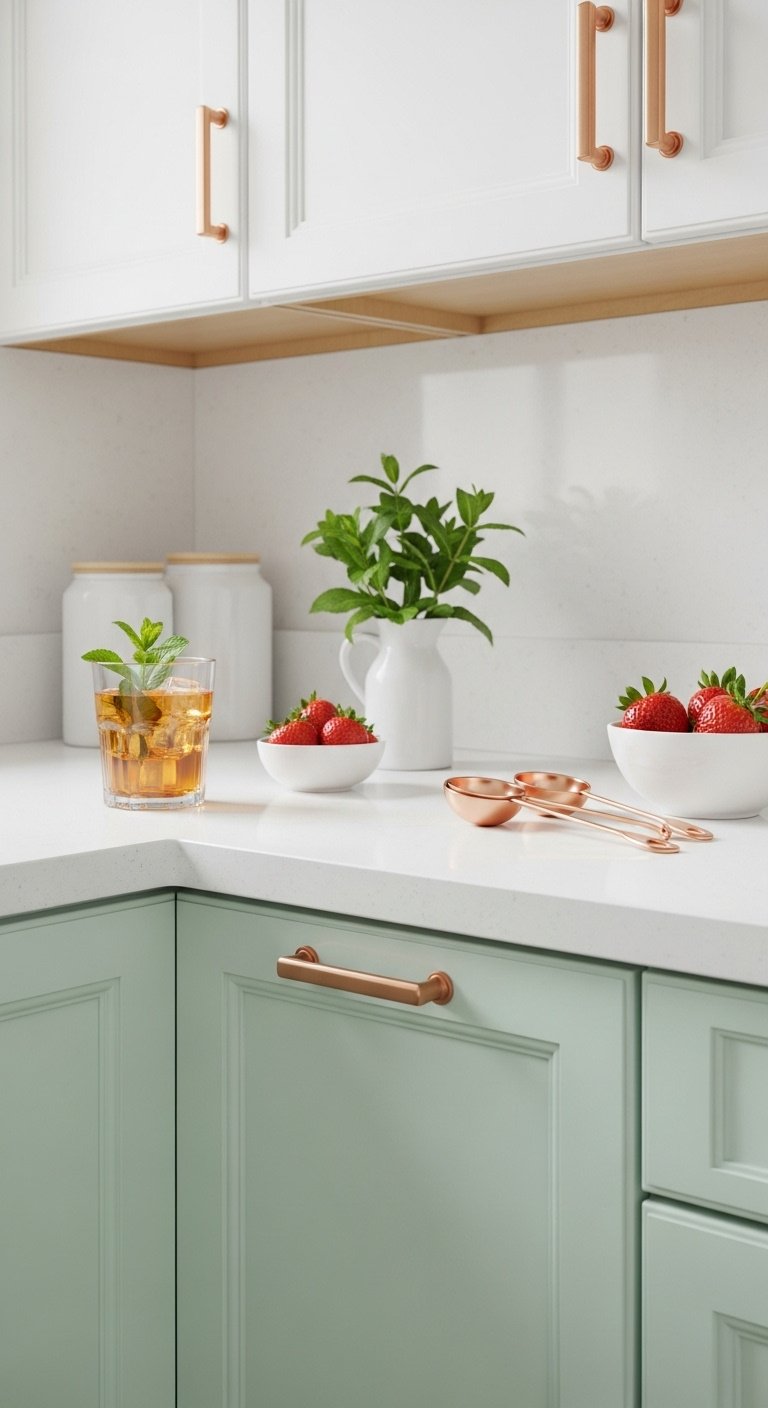 White upper and mint green lower kitchen cabinets with white quartz countertop and iced tea