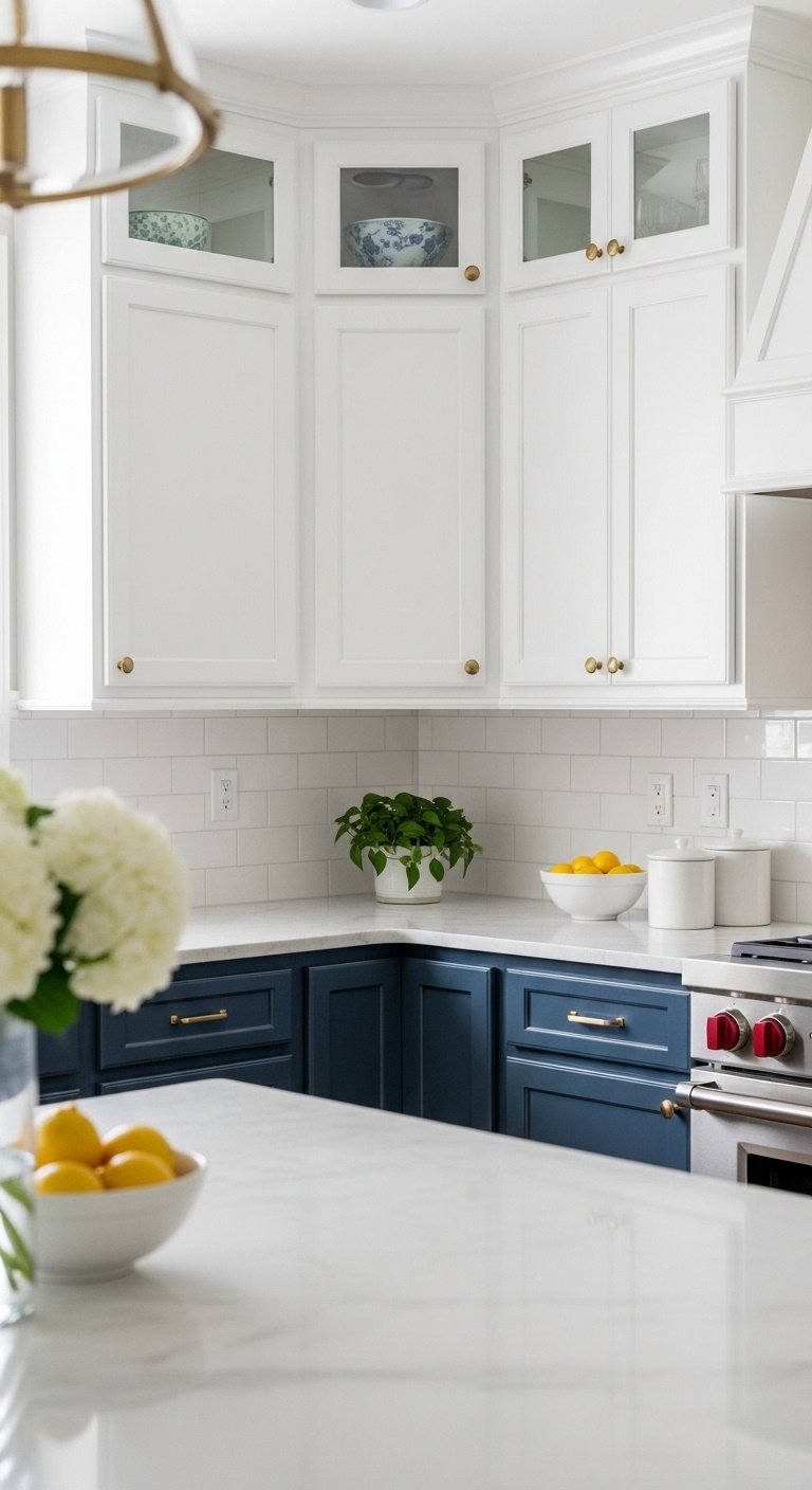 White upper and navy blue lower shaker kitchen cabinets with white subway tile backsplash and marble countertop