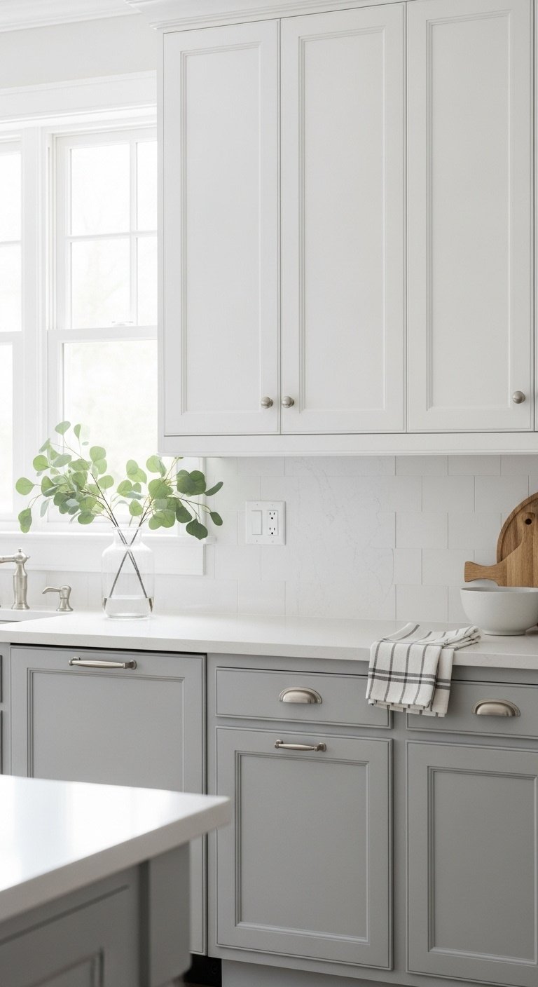 White upper and soft light gray lower kitchen cabinets with quartz countertop and eucalyptus branches