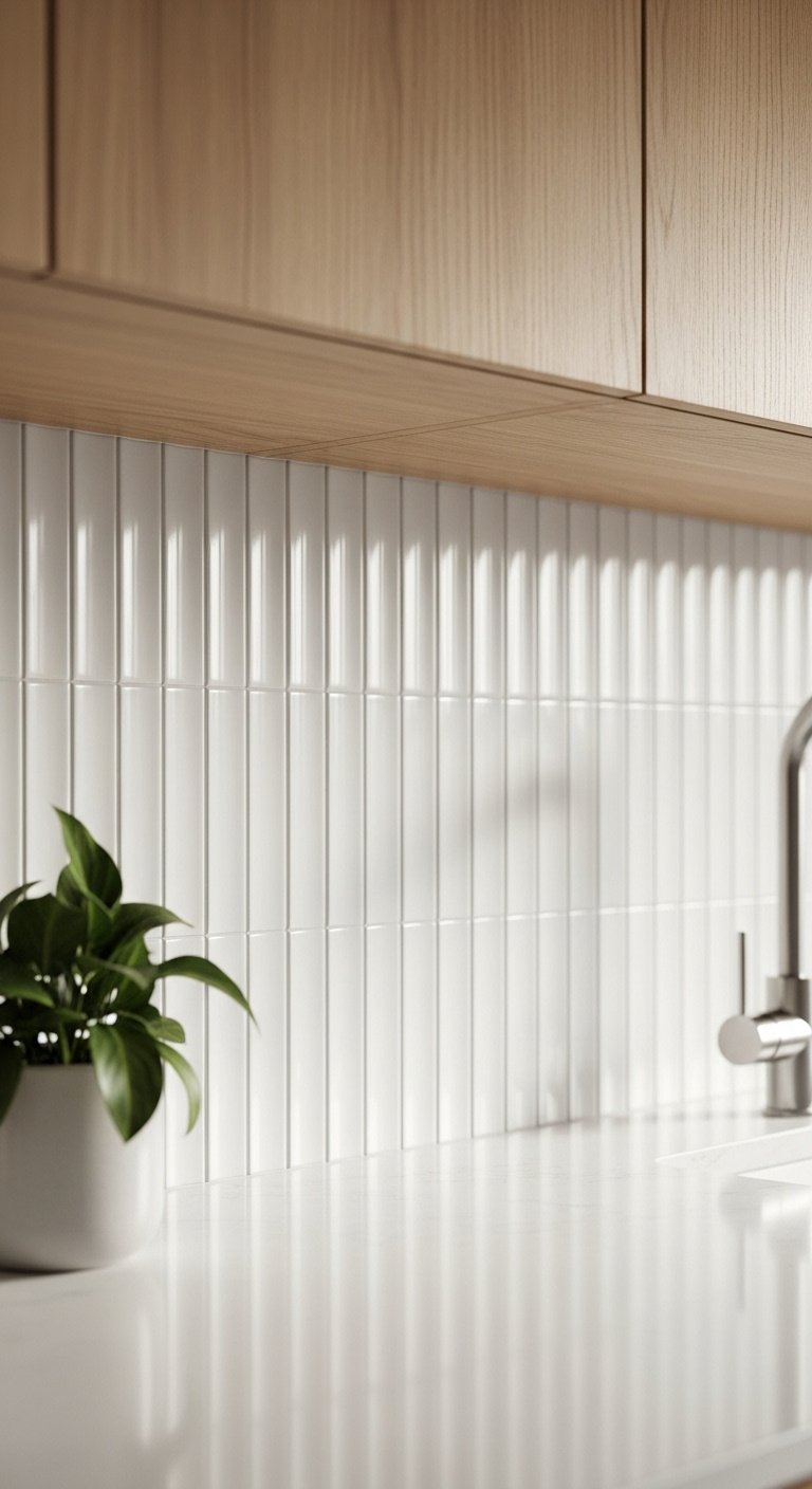White vertically fluted ceramic tile backsplash with white quartz countertop light oak upper cabinet green plant modern faucet