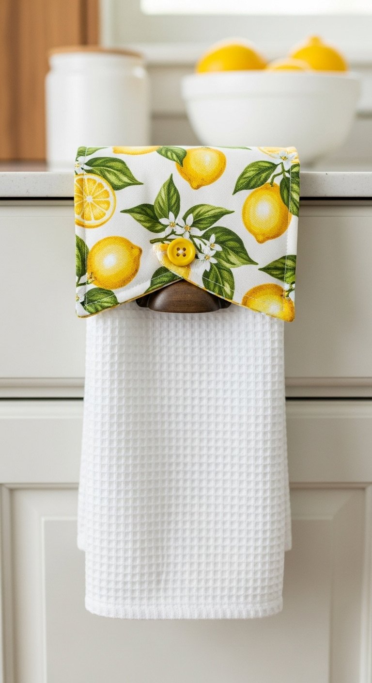 White waffle weave kitchen towel with lemon print fabric topper and yellow button on a wooden drawer pull
