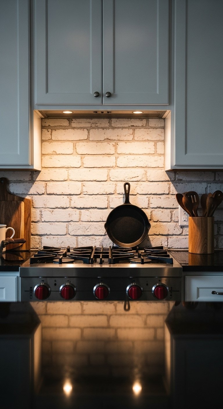 Whitewashed brick backsplash between white shaker cabinets and a dark granite countertop with a cast iron skillet and wooden utensils