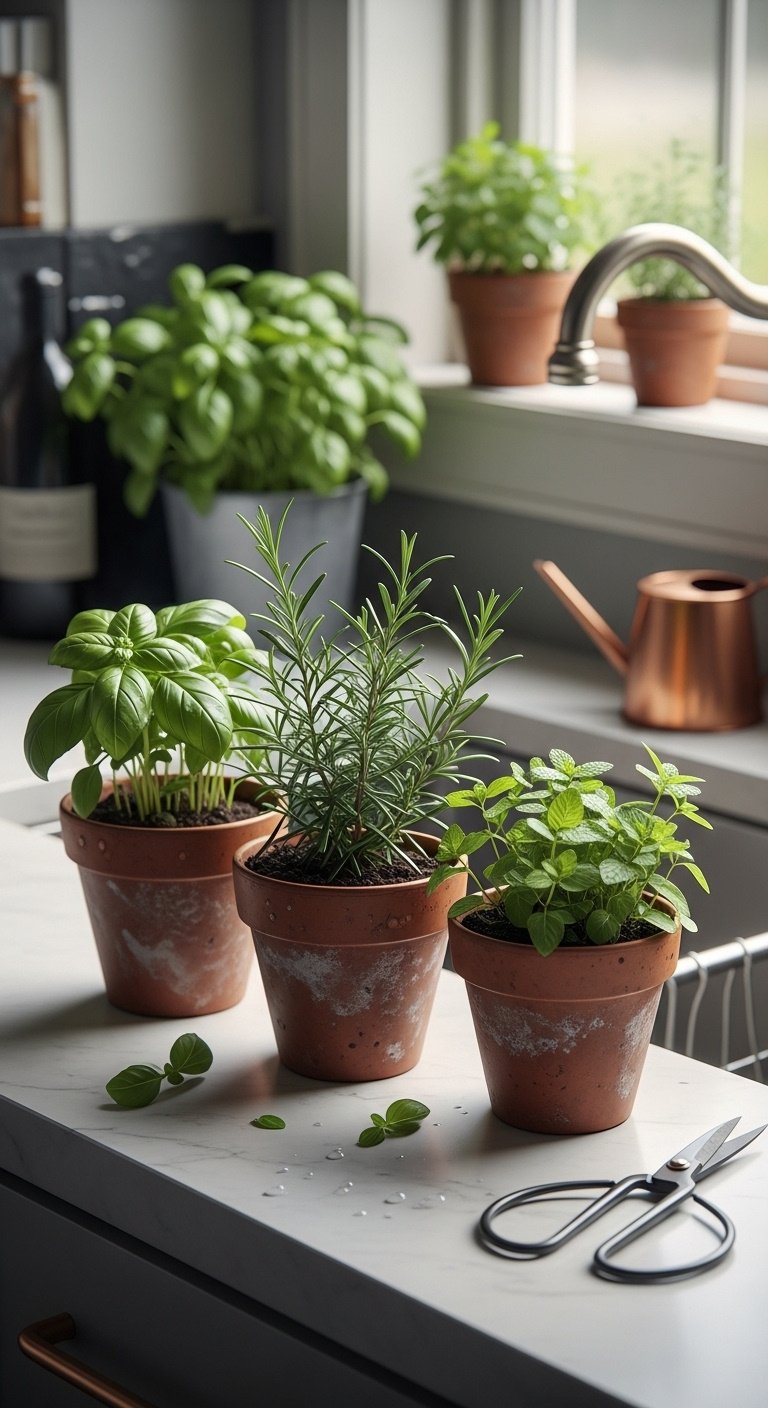 Windowsill herb garden with basil rosemary mint in terracotta pots on white marble by kitchen sink with copper watering can