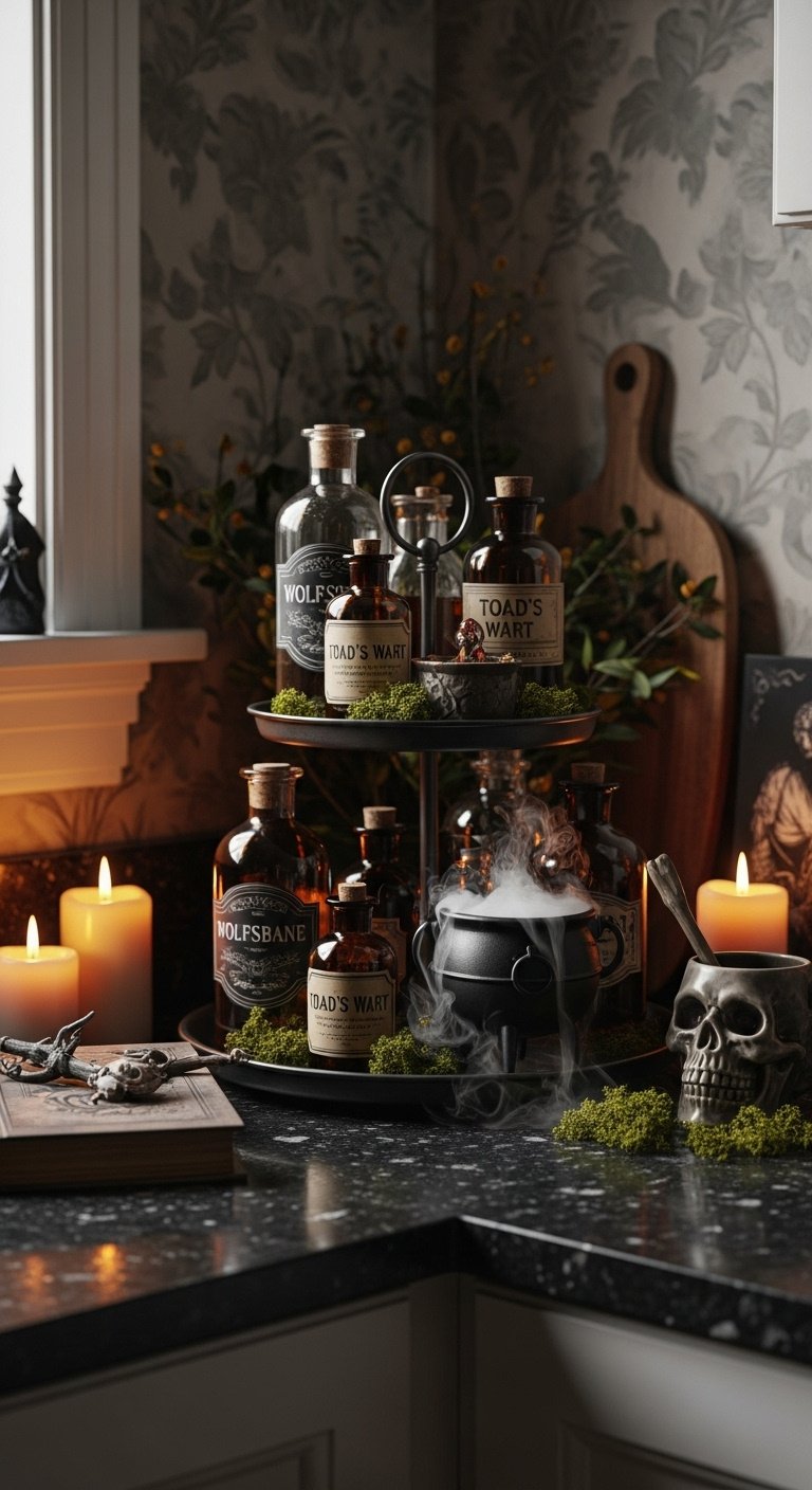 Witch's potion corner with vintage bottles, a smoking cauldron, spellbook, LED candles, and a skull mug on dark granite