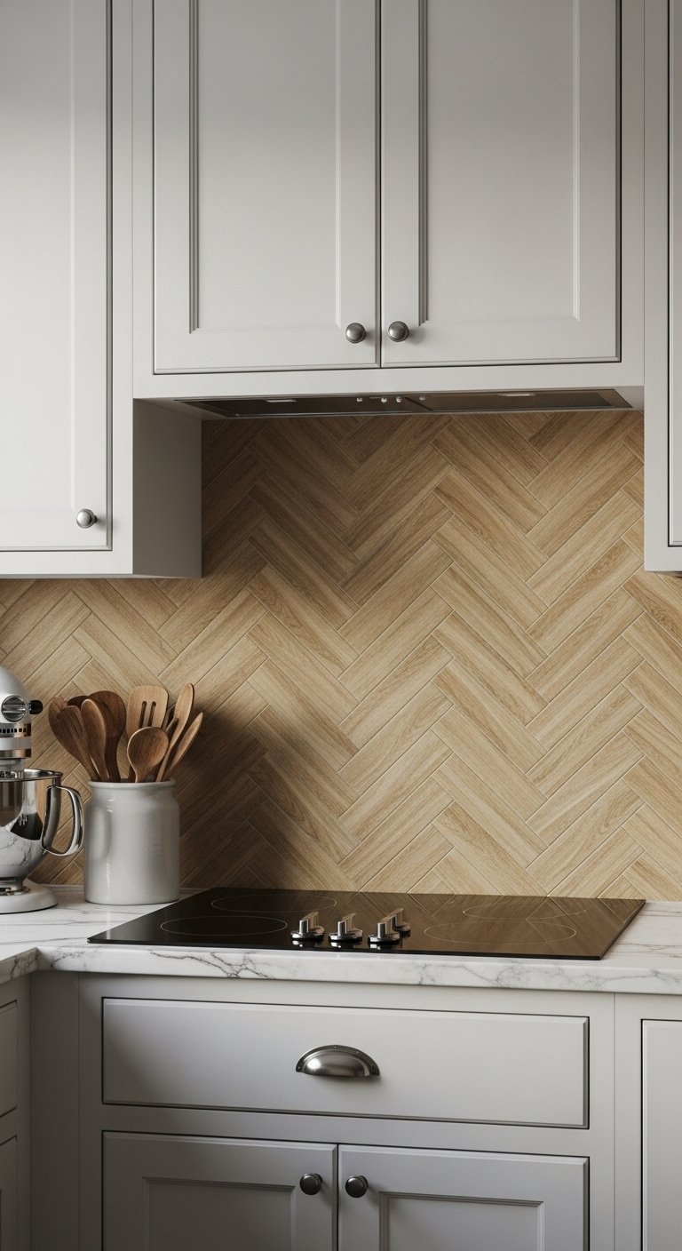 Wood look porcelain tile backsplash light oak herringbone pattern soapstone countertop off white shaker cabinets stand mixer wooden spoons
