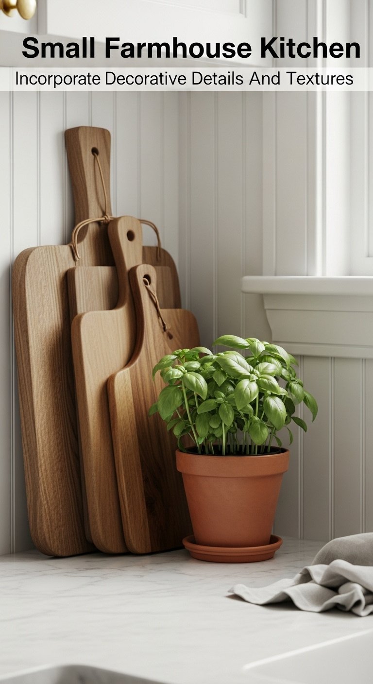 Wooden cutting boards leaning on white beadboard backsplash with a basil plant on a marble countertop