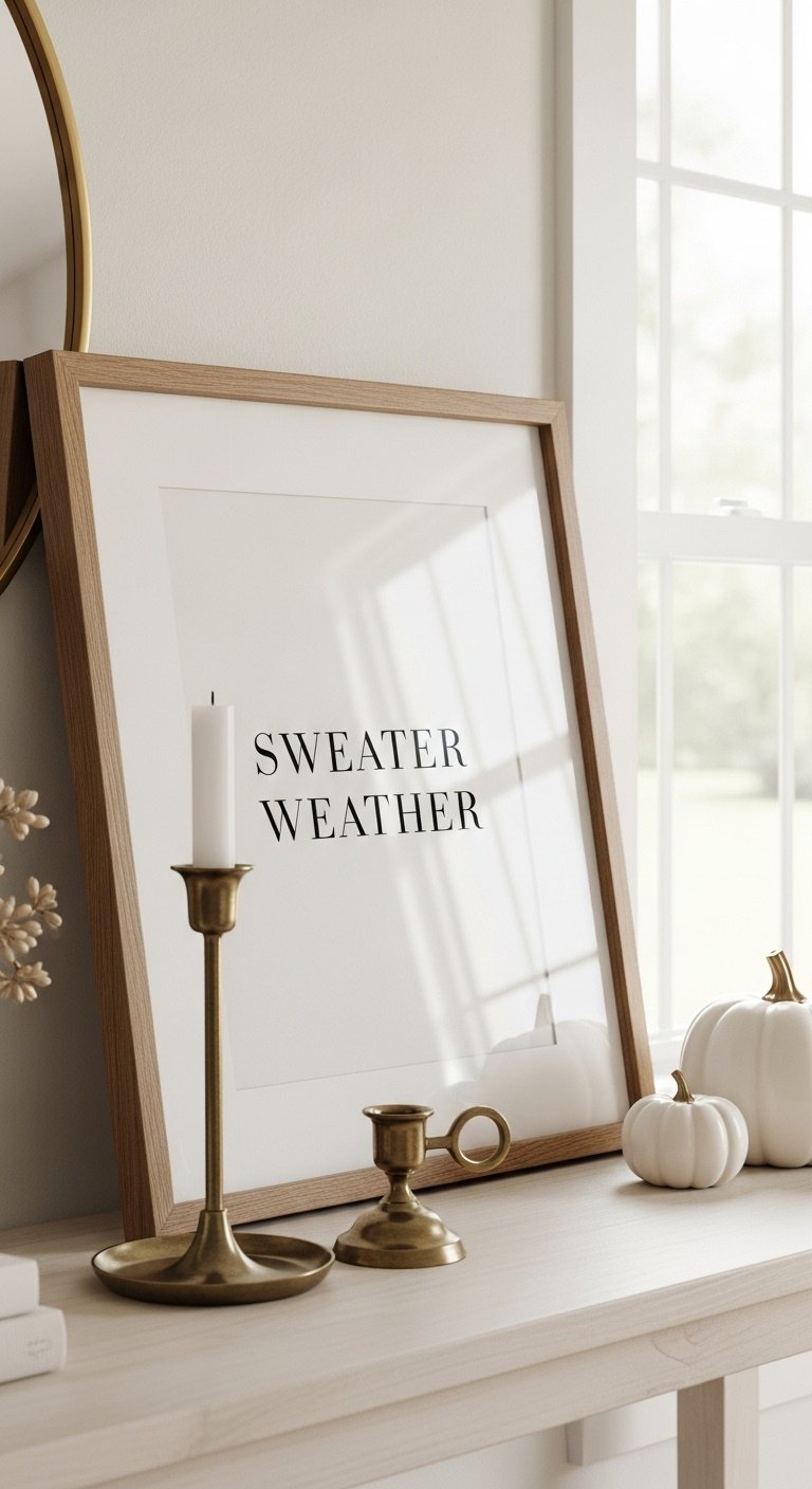 Wooden framed Sweater Weather art print on a console table with a white pumpkin and brass candle holder in natural light