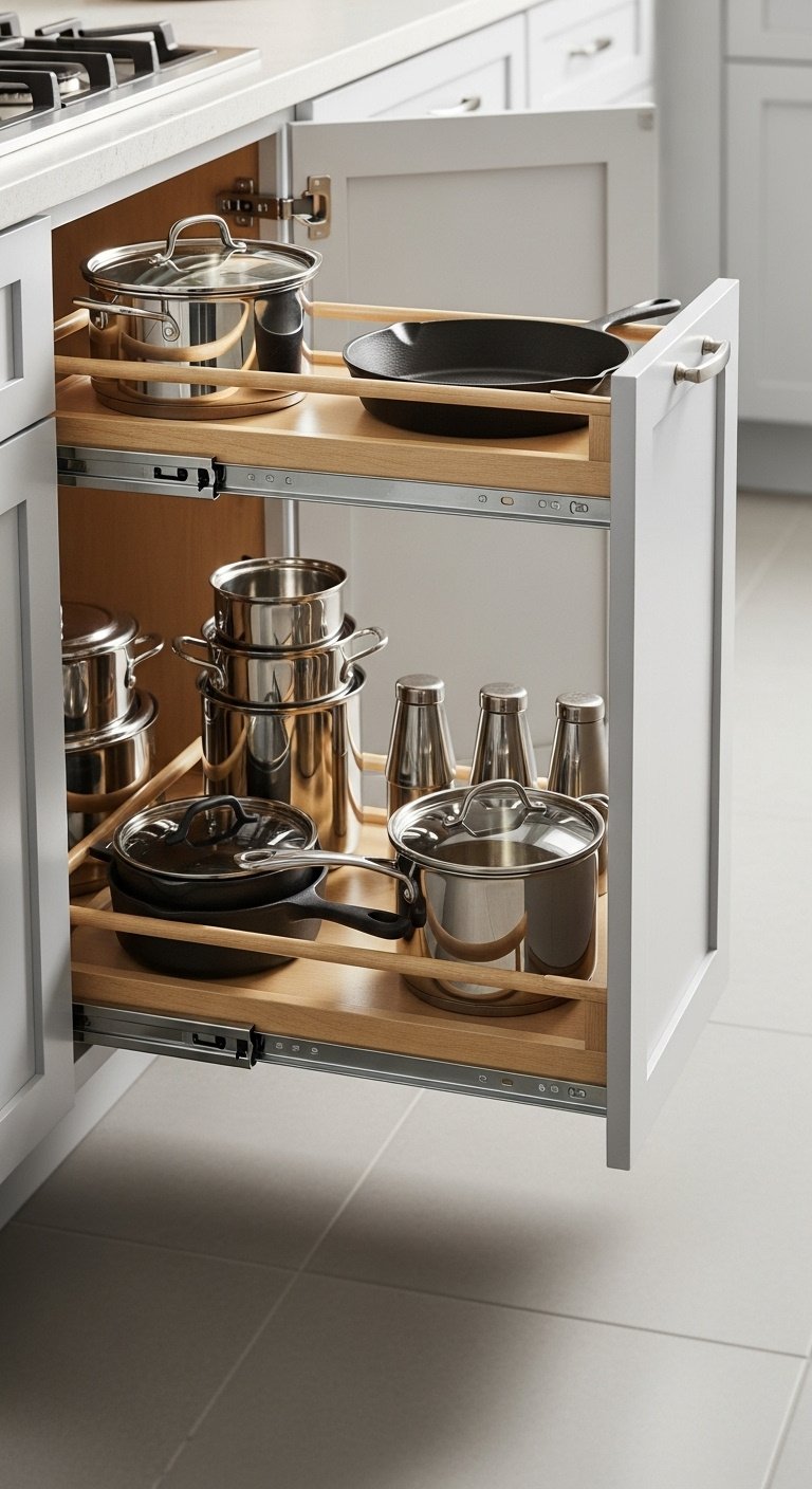 Wooden pull out cabinet shelf with neatly organized pots and pans in an open kitchen cabinet
