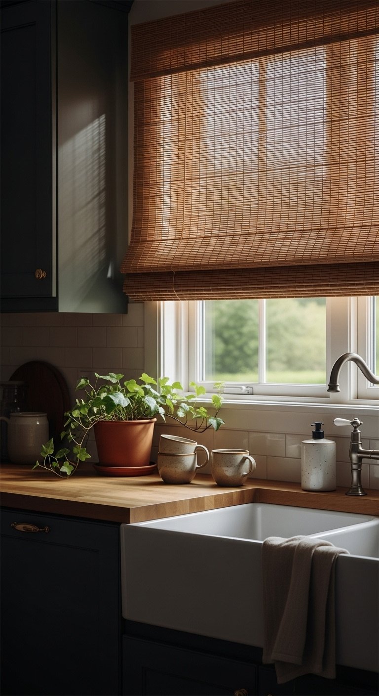 Woven bamboo Roman shade casting dappled light over farmhouse sink with butcher block counter and ivy plant