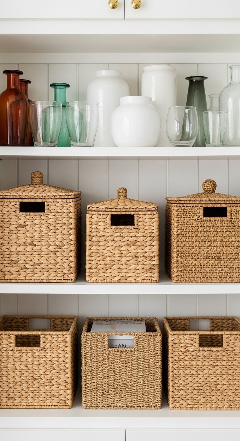 Woven baskets in varying sizes arranged on top of kitchen cabinets used for stylish and hidden storage of infrequently used items