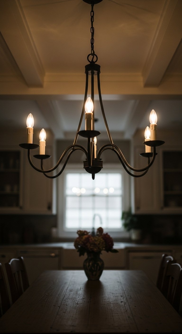 Wrought iron chandelier with candle lights casting a warm glow over a rustic wooden dining table in a French countryside kitchen