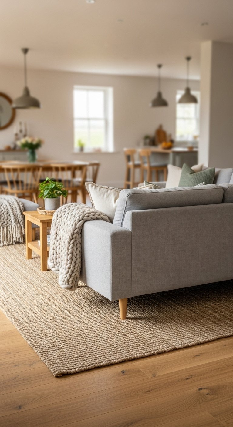 Zoning with rugs and furniture in open plan kitchen dining living room with jute rug light grey sectional sofa and potted plant