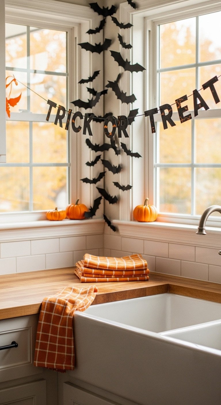 cheerful halloween kitchen sink trick or treat banner bat cutouts gingham towels pumpkins