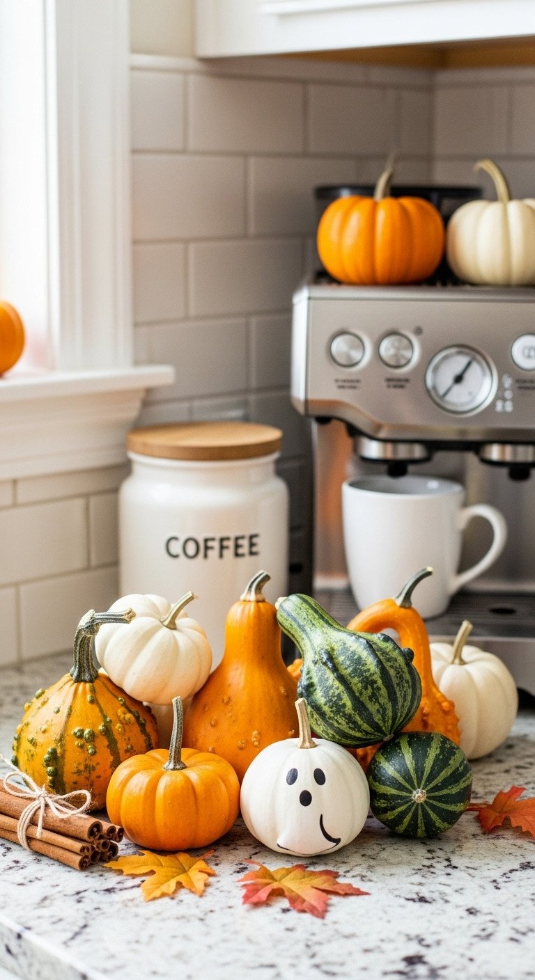 countertop pumpkin patch mini pumpkins gourds white ceramic coffee canister cinnamon sticks autumn leaves light granite countertop