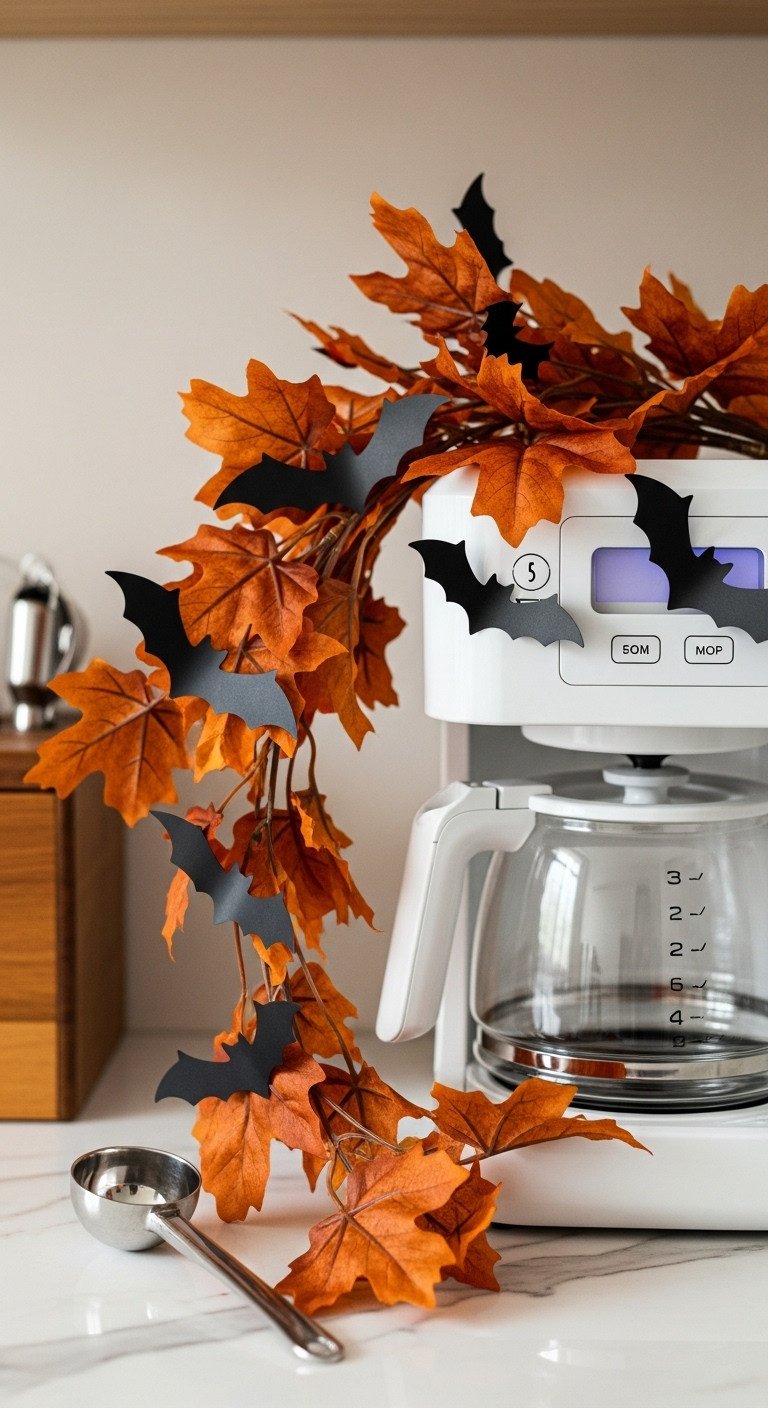 eerie foliage spooky accents halloween coffee bar faux fall leaves black bat cutouts white coffee maker marble countertop