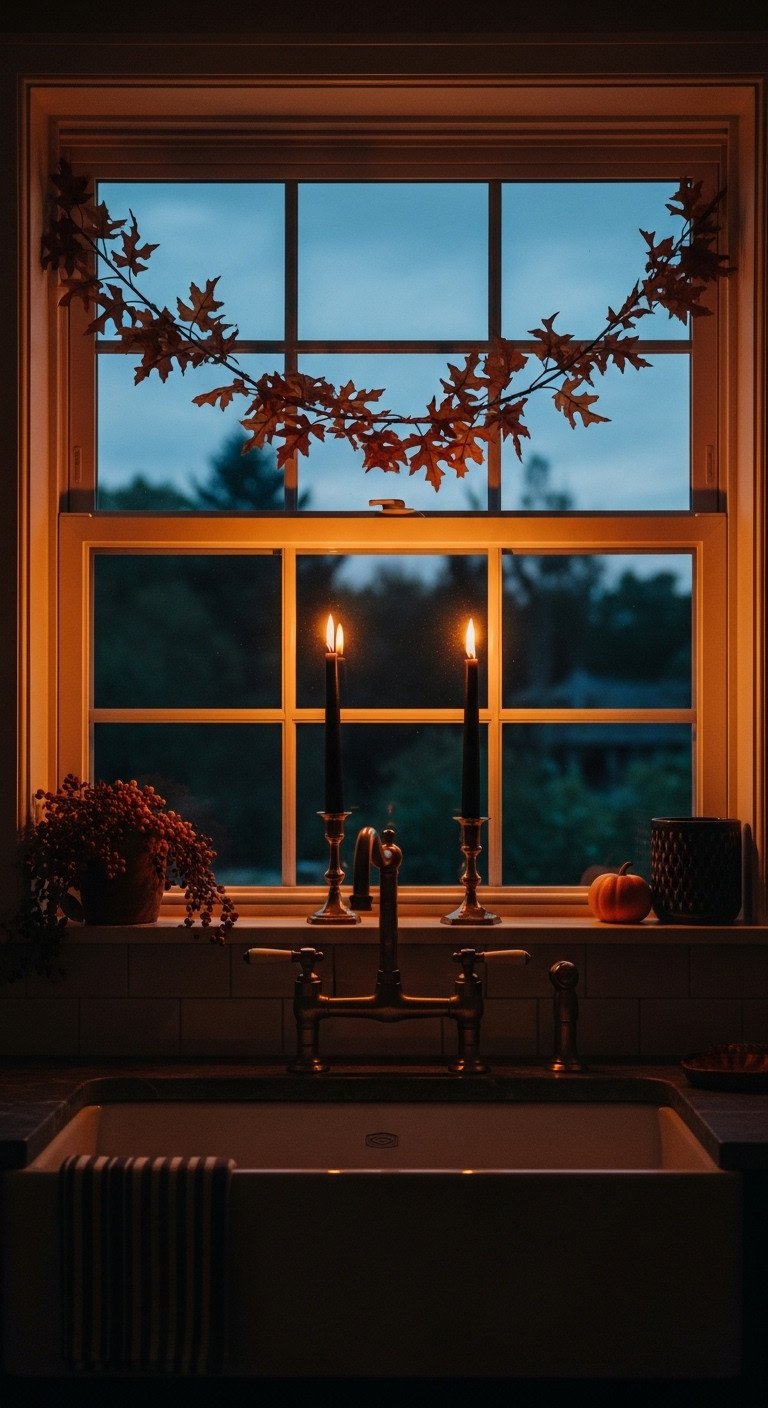 elegant halloween kitchen sink dusk candles amber leaf garland brass holders twilight
