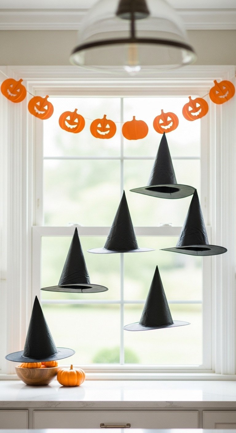 floating witch hats paper pumpkin garland kitchen window daylight whimsical magical halloween decor