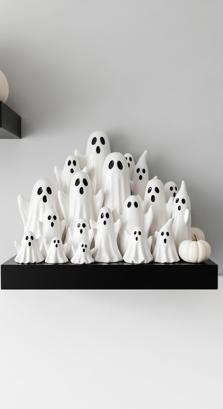 ghost colony white ceramic figurines matte black shelves white pumpkins light grey kitchen wall
