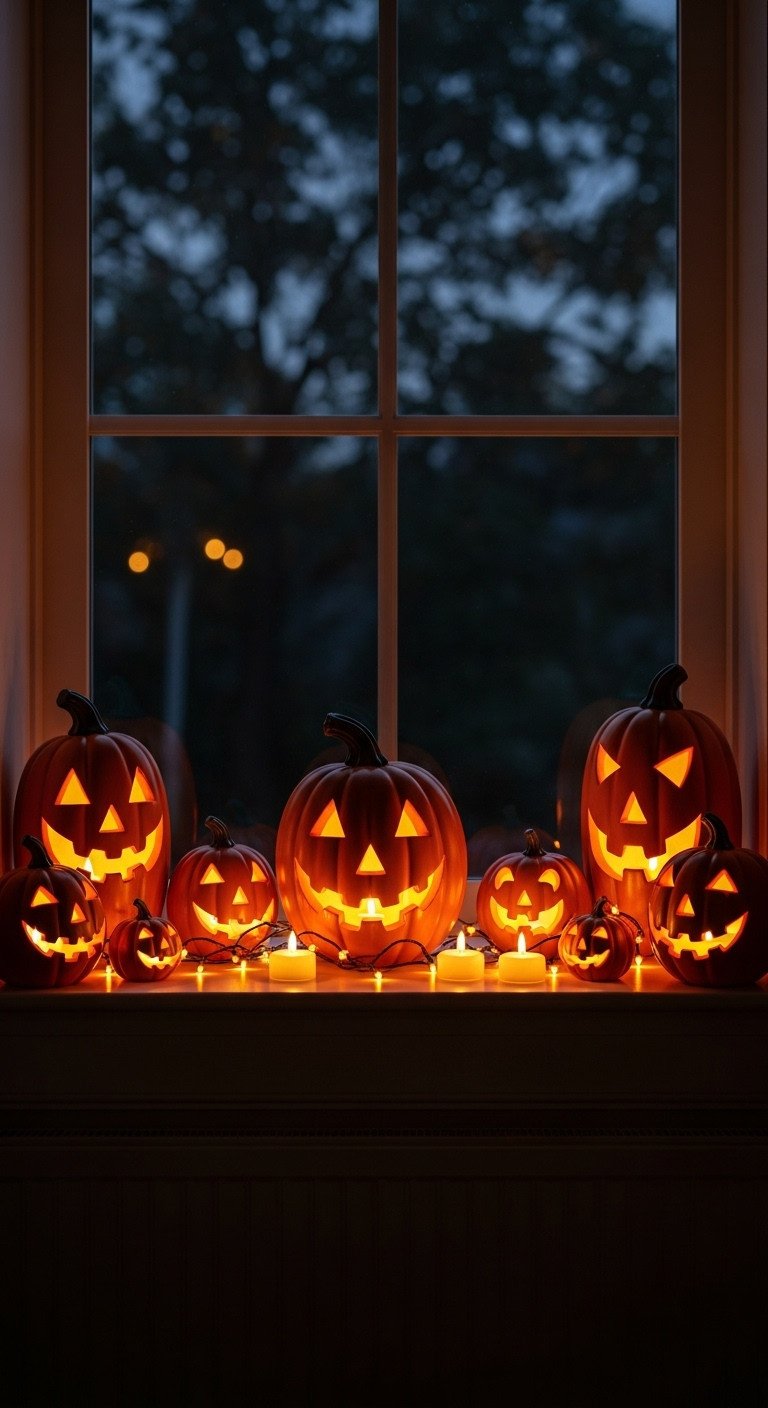glowing jack-o-lanterns eerie lights cozy kitchen window halloween decor warm glow