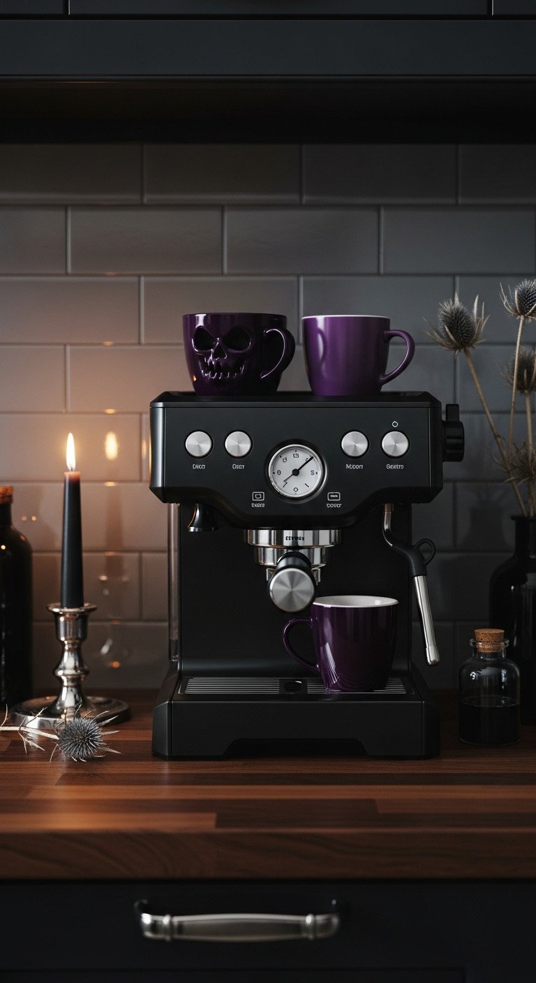 halloween coffee station gothic elegance black espresso machine dark wood countertop deep purple silver decor