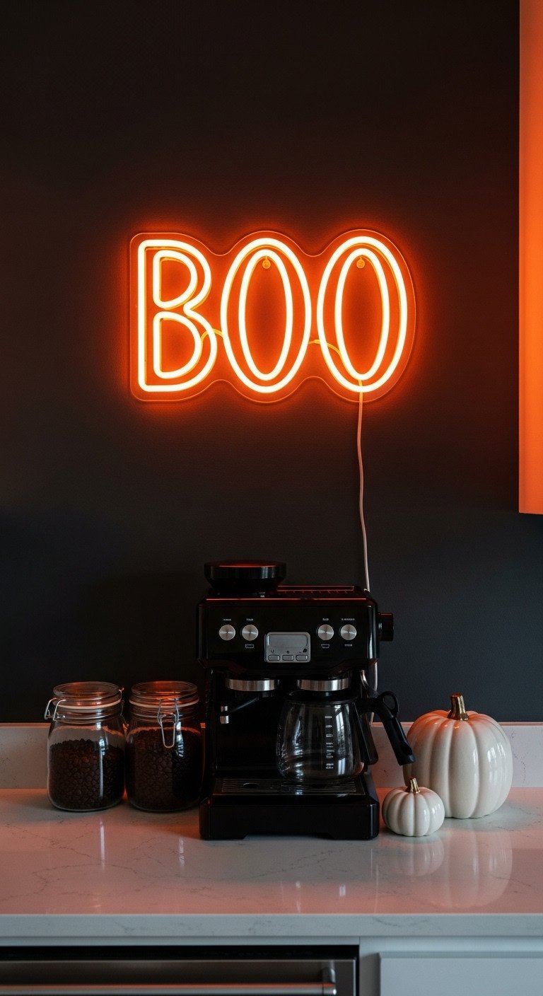 halloween coffee station orange neon boo sign dark charcoal wall white quartz countertop black coffee maker white ceramic pumpkin