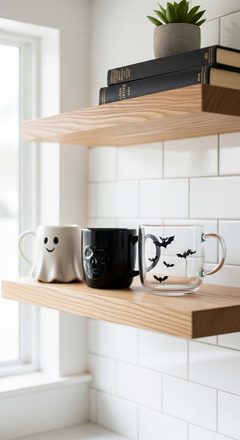 halloween coffee station spooky chic mugs ghost mug black skull mug clear bat mug on floating wooden shelf white subway tile background