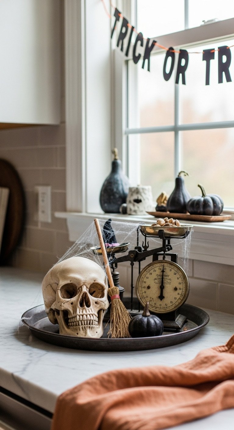 halloween themed vignette spooky still life display vintage tray kitchen decor skull witch broom gourd