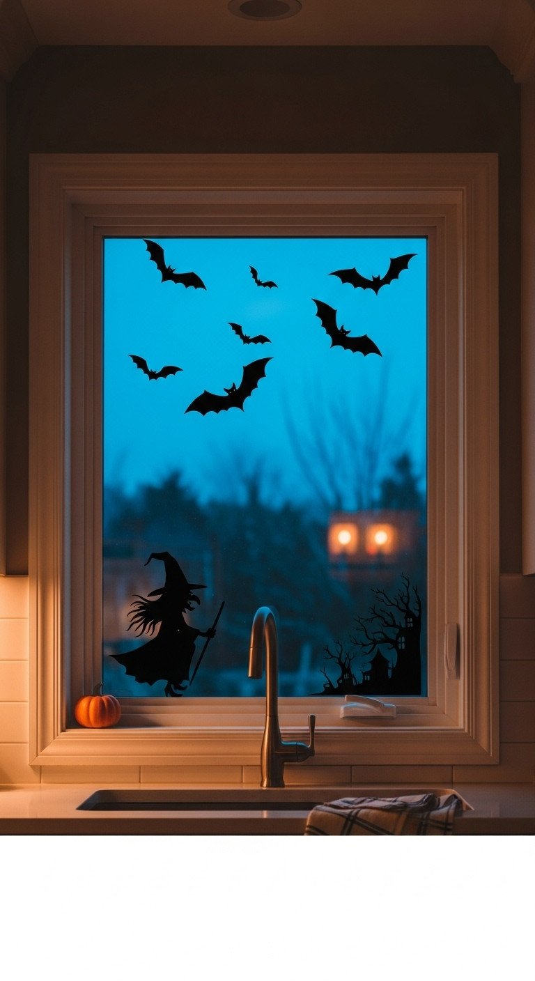 haunted kitchen window black vinyl decals bats witch silhouette twilight blue sky warm kitchen glow small pumpkin
