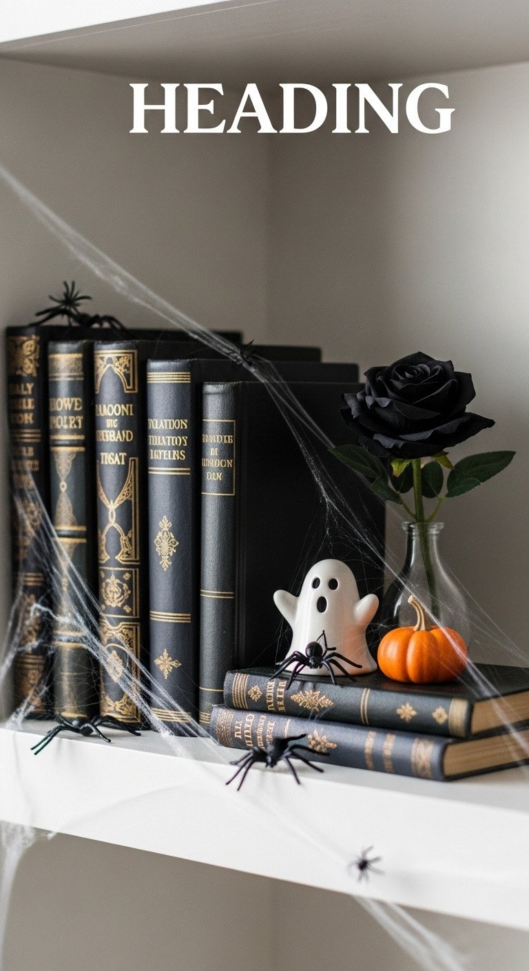 haunted library nook vintage books white ceramic ghost faux black rose spiderwebs white-painted wooden shelf miniature pumpkin
