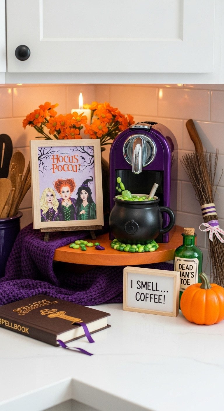 hocus pocus themed coffee station sanderson sisters framed print cauldron mug spellbook bottle dead mans toe broomstick white countertop