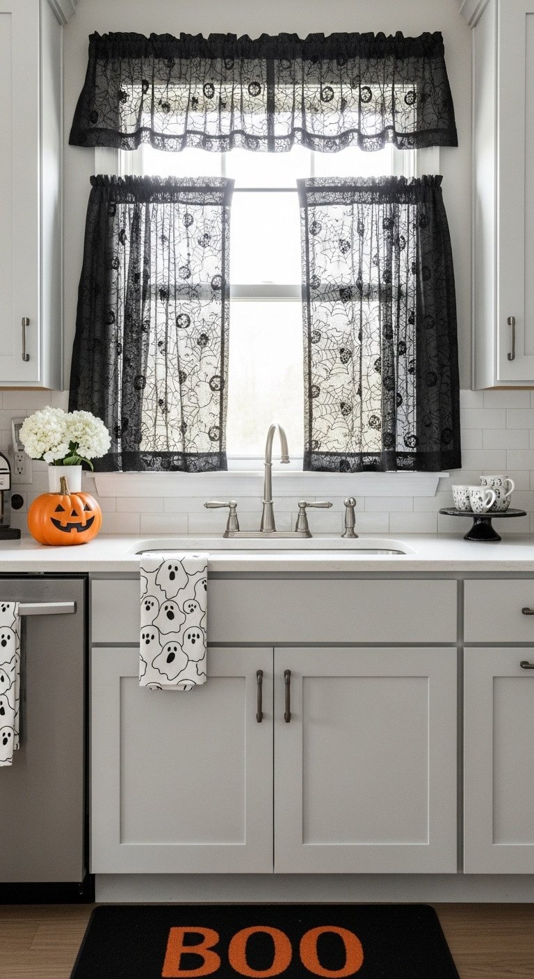 kitchen window black lacy curtains skull spiderweb pattern daylight soft shadows ghost dish towel modern kitchen