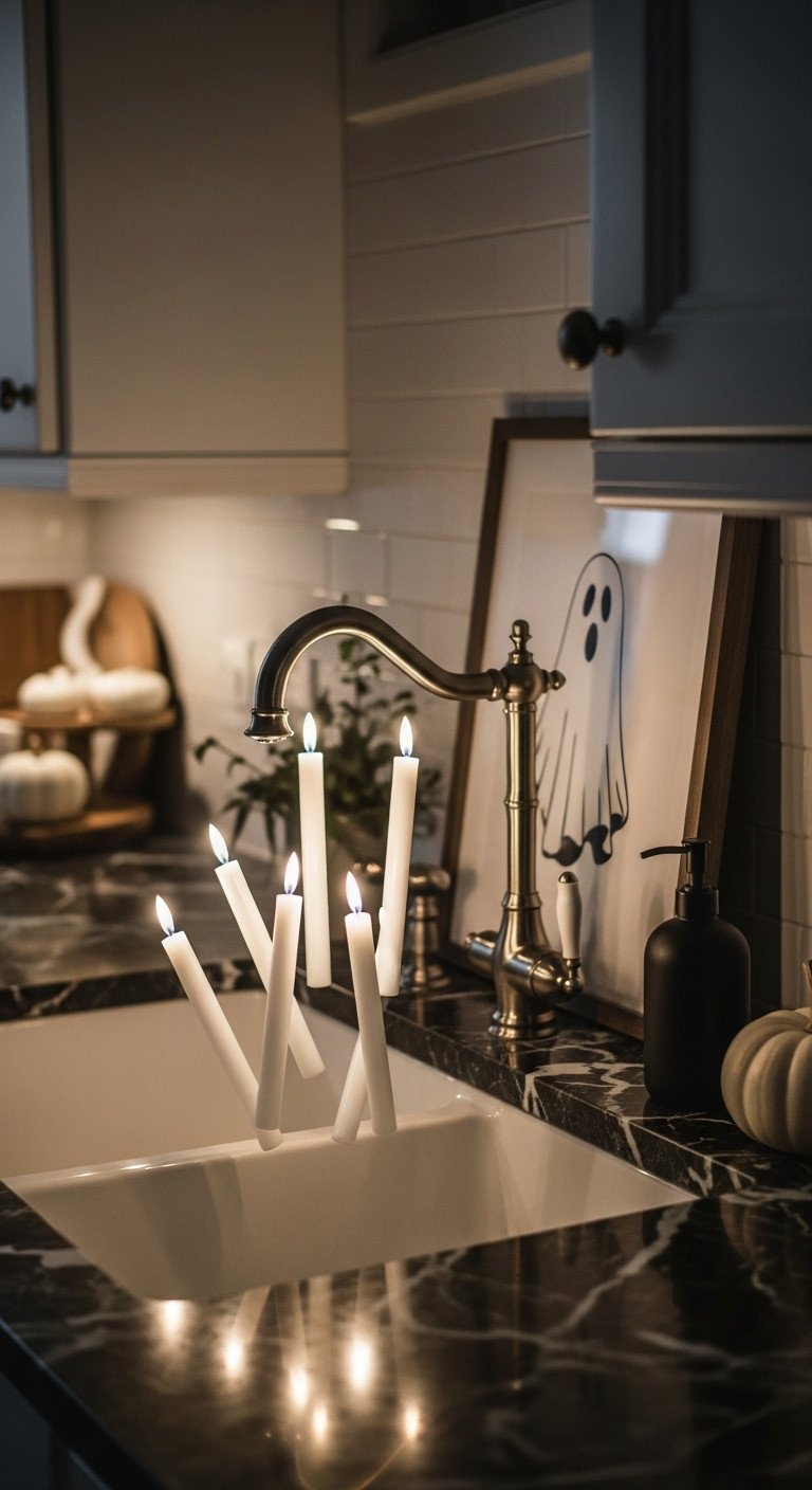 magical halloween sink decor white LED candles minimalist ghost print black marble