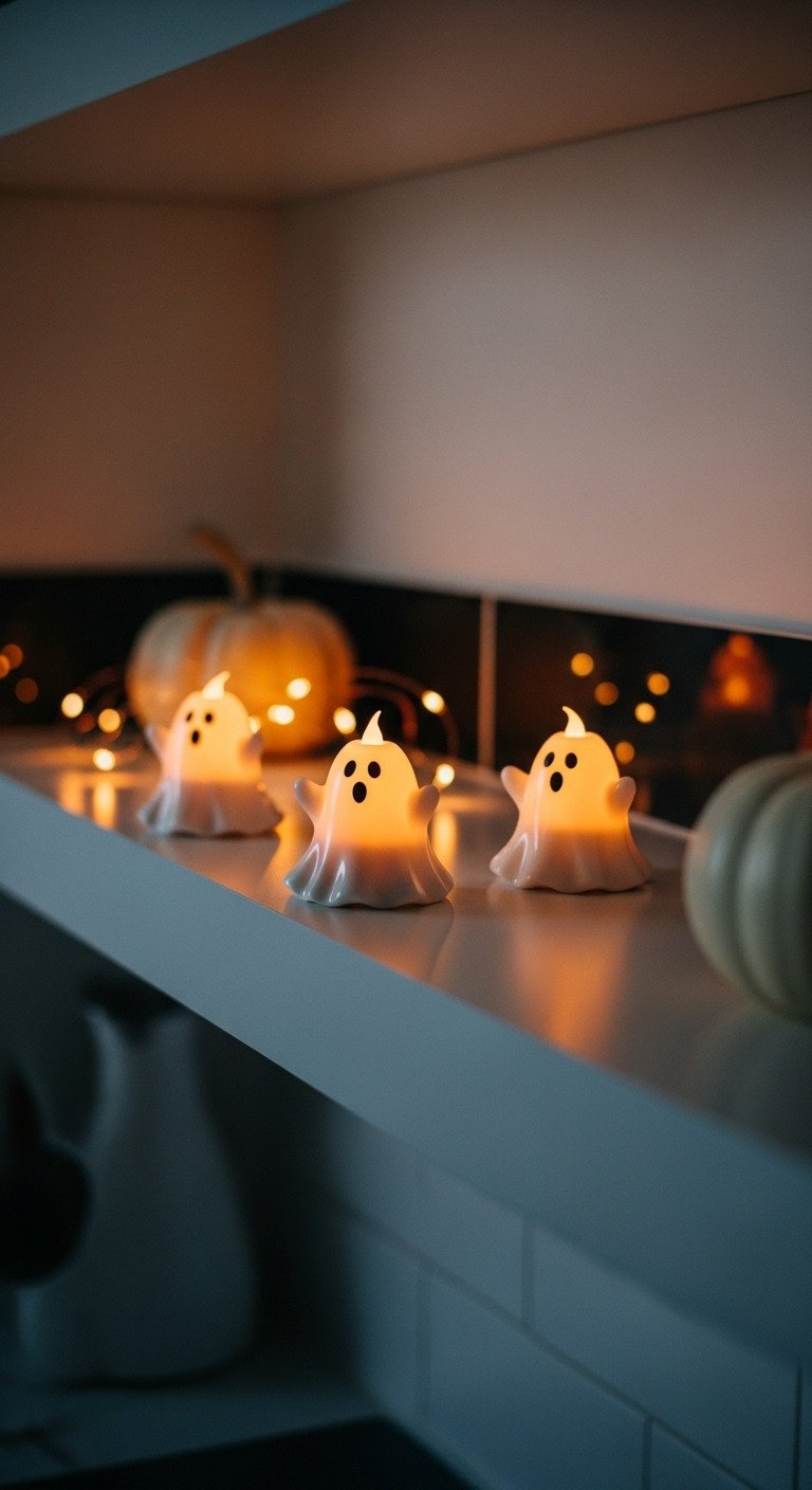 minimalist kitchen shelf ghost tealight holders warm glow white pumpkin copper fairy lights sleek white floating shelf