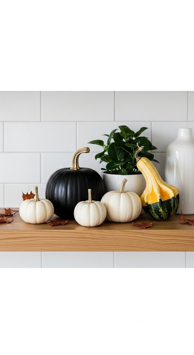 modern pumpkin arrangement matte black pumpkin white pumpkins gourd potted plant light oak wood shelf white subway tile backsplash