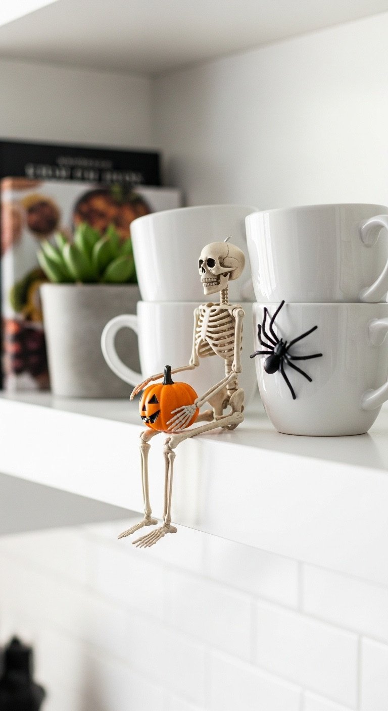 poseable skeleton kitchen shelf miniature pumpkin white coffee mugs black spider succulent cookbook