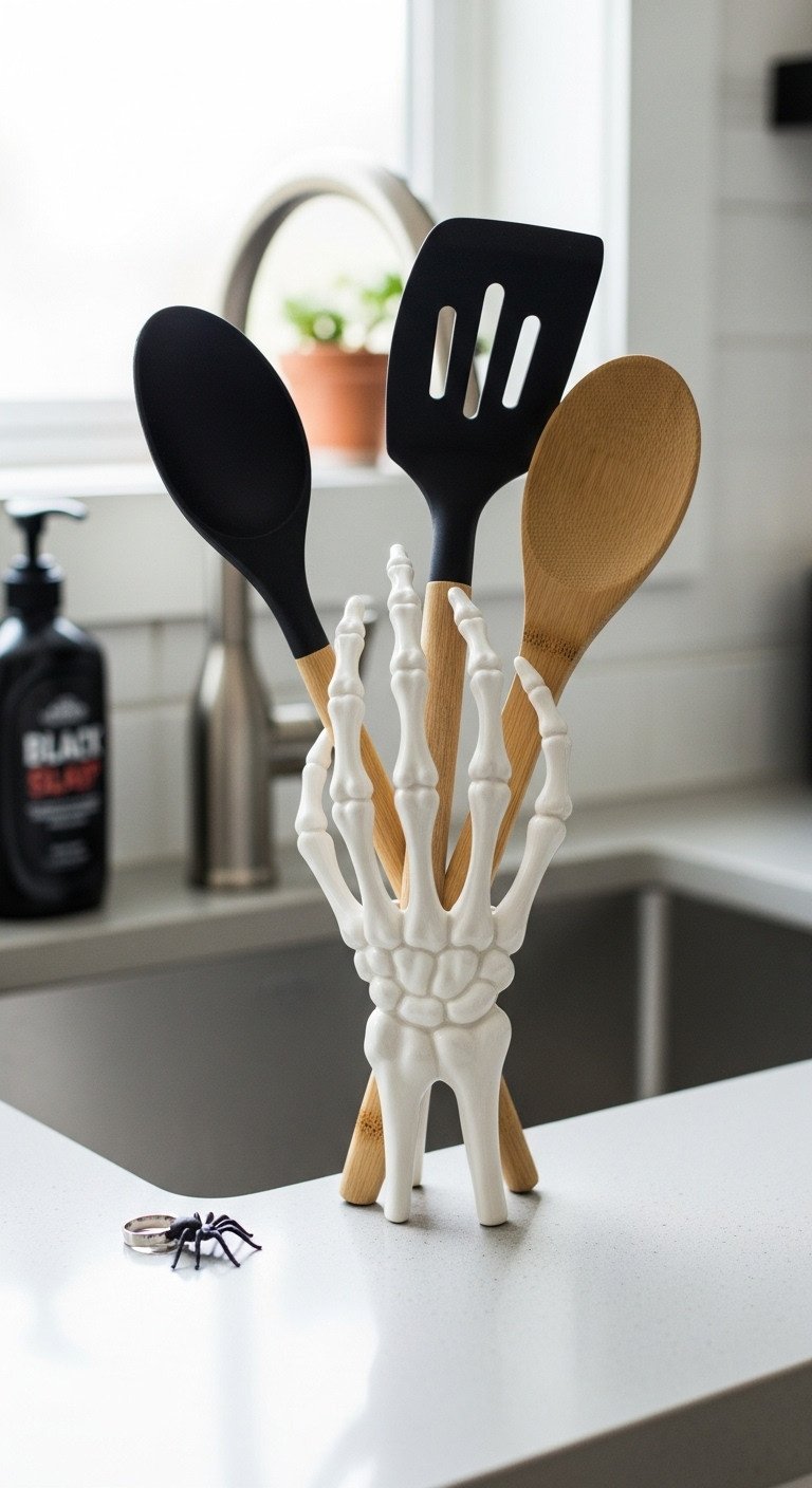 quirky halloween kitchen skeleton hand utensil holder black spatula gray countertop