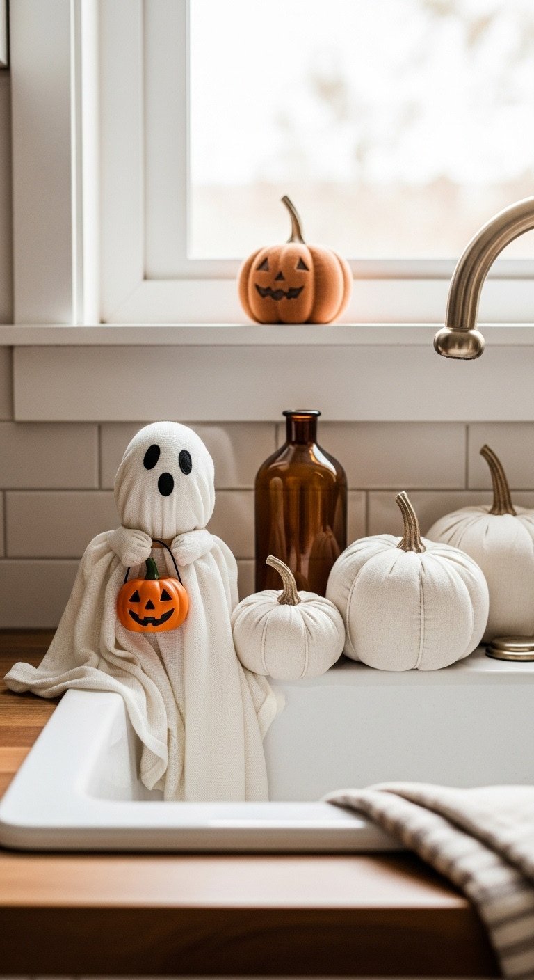 serene halloween kitchen gauzy ghost jack-o-lantern cream pumpkins amber glass bottle