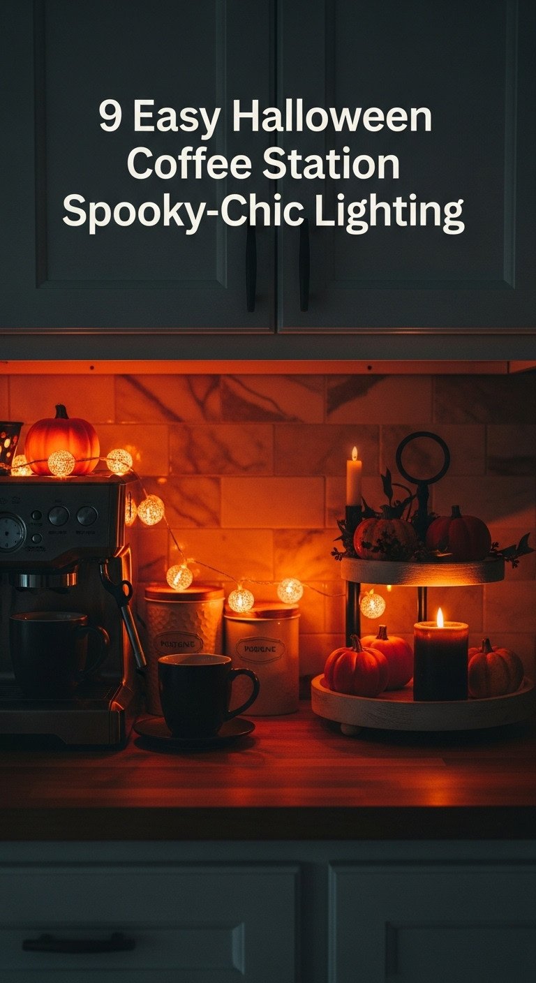 spooky chic lighting halloween coffee station orange fairy lights black LED candle tiered tray butcher block countertop mini pumpkins