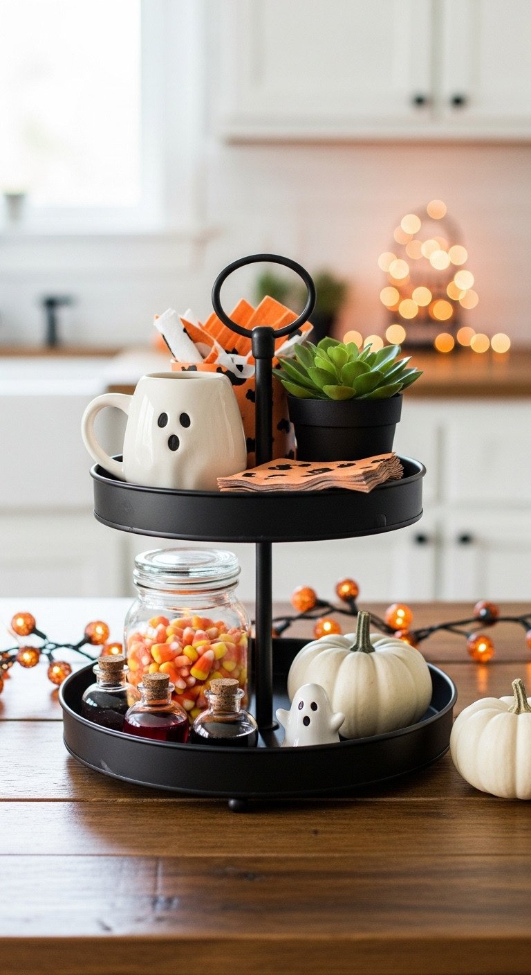 spooky tiered tray matte black metal potion bottles candy corn ghost figurine halloween napkins faux succulent rustic wooden kitchen table