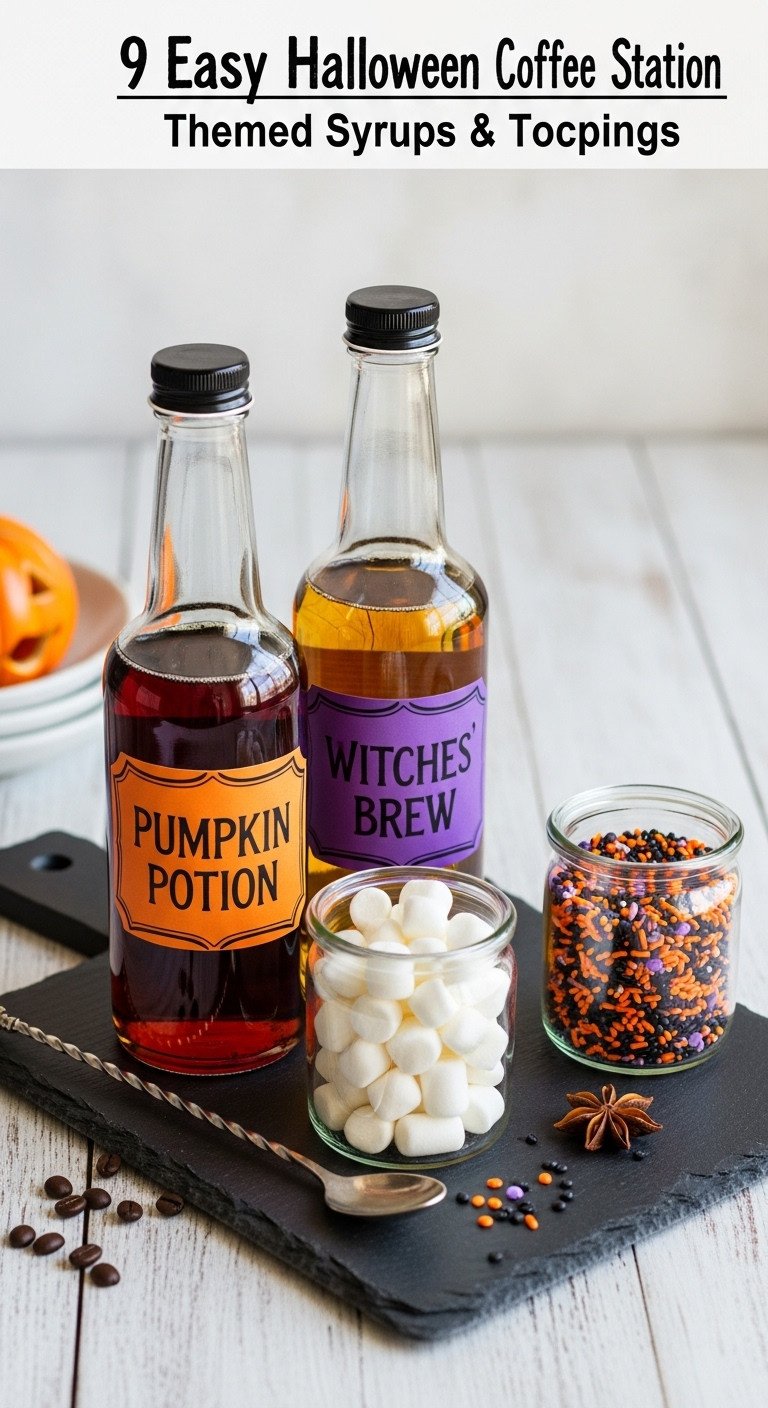 themed syrups toppings pumpkin potion witches brew glass jars marshmallows halloween sprinkles silver stirring spoon dark slate serving board
