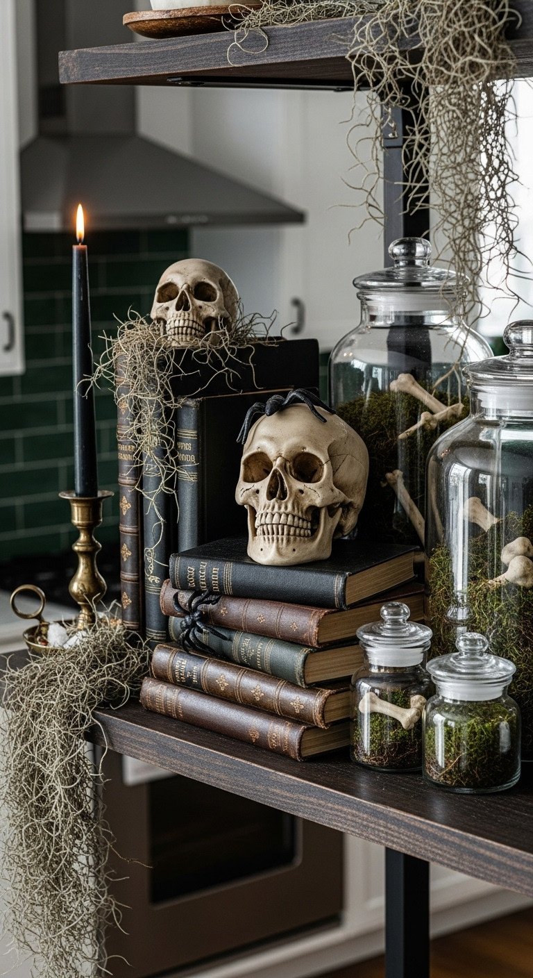 vintage halloween kitchen shelf dark books human skull apothecary jars moss bones cast iron spider black taper candle rustic wooden shelf