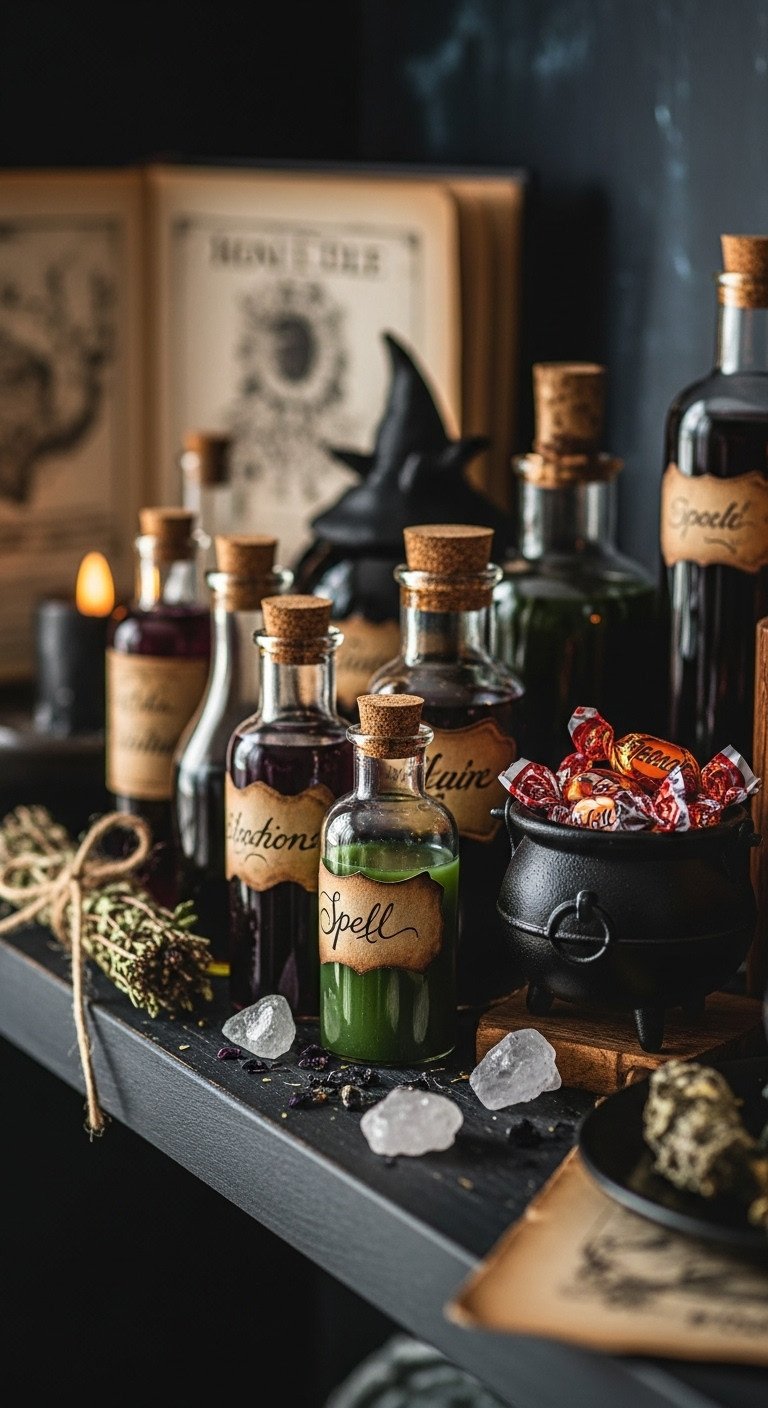 witch apothecary corner glass potion bottles black cauldron wrapped candies crystals dried herbs spell book dark wood shelf