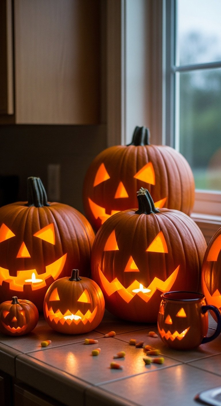 90s Halloween kitchen decor carved jackolantern display