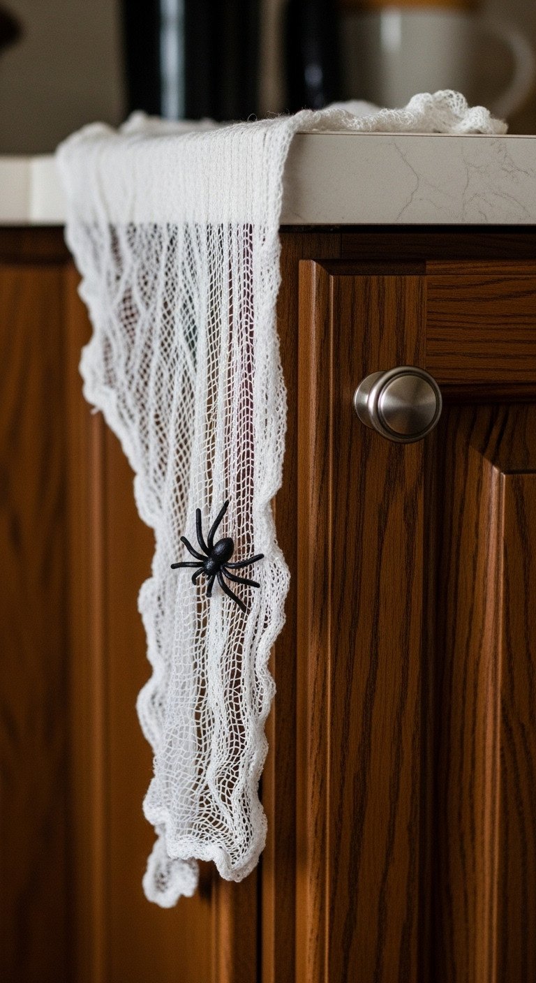 90s Halloween kitchen decor gauze cobwebs on cabinets and shelves