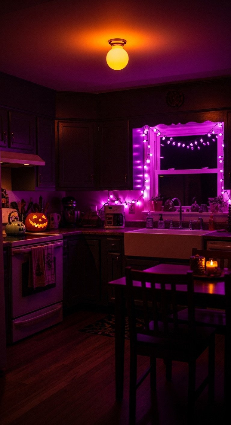 90s Halloween kitchen decor haunted mood lighting