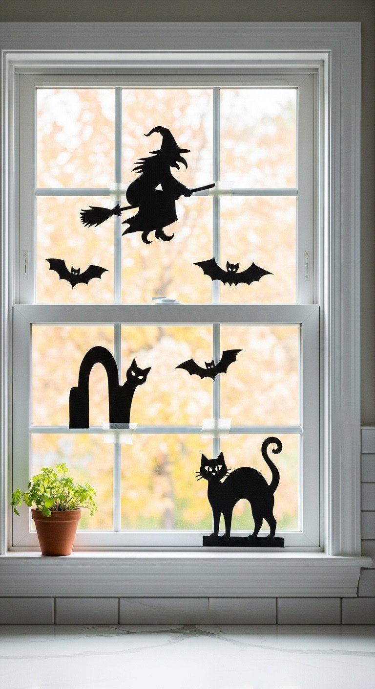 90s Halloween kitchen decor spooky paper silhouettes windows