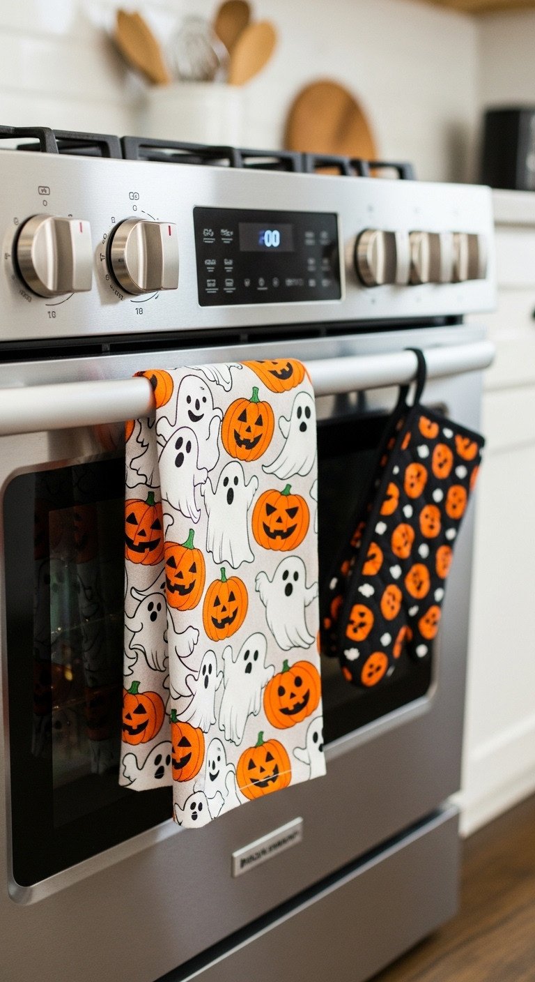 90s Halloween kitchen retro dish towel with ghosts and pumpkins