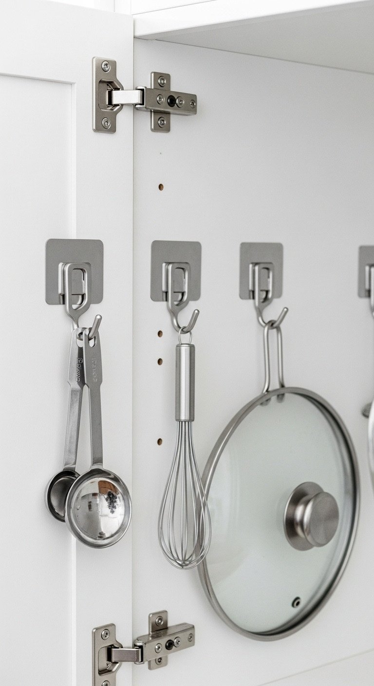 Adhesive hooks on a kitchen cabinet door organizing measuring spoons whisk and pot lids