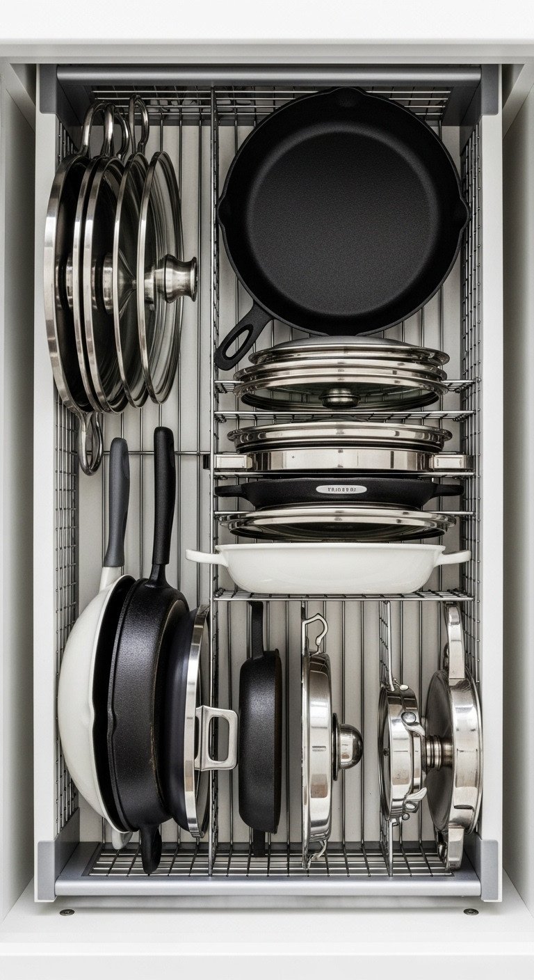11 Smart Apartment Kitchen Organization Ideas For Renters 19 Adjustable pan and pot lid organizer in a deep kitchen drawer, storing frying pans and pot lids vertically for easy access.